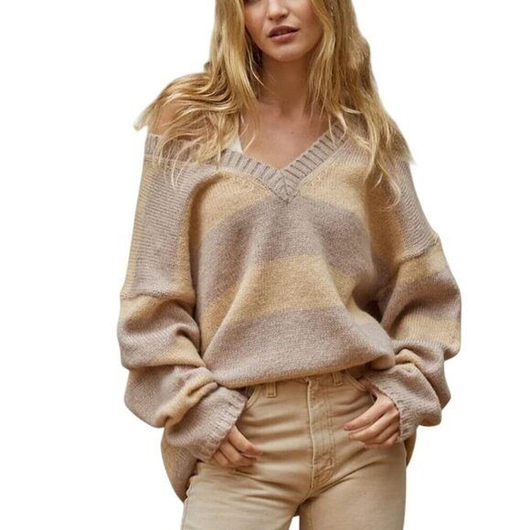 By Together Milie Striped Sweater V Neck Cozy Soft Wool Blend Neutral Size S - Picture 1 of 8